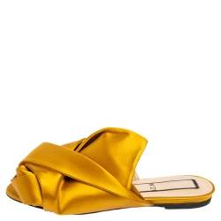 Pre Owned Nº21  Yellow Satin Knot Flat Mules Size 37.5