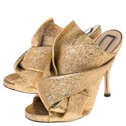 N21  Glitter Knot  Gold Crackled Leather  Mule Sandals Size 36