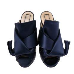 Nº21 Navy Blue Satin Raso Knot Peep Toe Mules Size 38 
