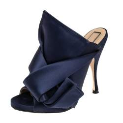 Nº21 Navy Blue Satin Raso Knot Peep Toe Mules Size 38 