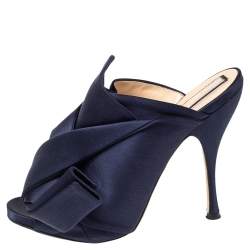 Pre Owned N21 Navy Blue Satin Raso Knot Peep Toe Slide Mules Size 41