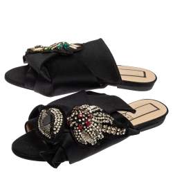 Pre Owned N°21 Black Satin Embellished Knot Flats Sandals Size 38