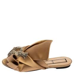 Pre Owned Nº21 Beige Satin Raso Knot Flat Slides Size 40