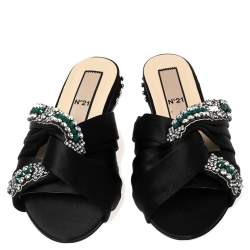 Pre Owned Nº21 Black Satin Crystal Embellished Knotted Flat Slides Size 37.5