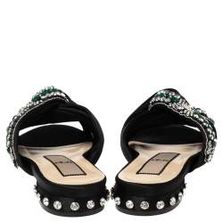 Pre Owned Nº21 Black Satin Crystal Embellished Knotted Flat Slides Size 37.5