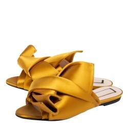 Nº21 Mustard Yellow Satin Knot Flat Mules Size 37