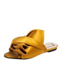 Nº21 Mustard Yellow Satin Knot Flat Mules Size 37