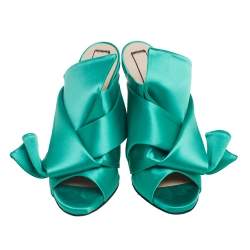 Pre Owned Nº21  Emerald Green Satin Raso Knot Peep-Toe Mules Size 38.5