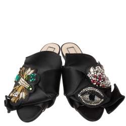  Nº21 Black  Satin Knot Embellished Flat Sandals Size 37