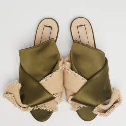 Nº21 Army Green/Beige Satin and Canvas Raso Knot Flat Mules Size 39