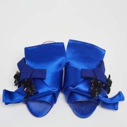 Pre Owned Nº21 Royal Blue Satin Embellished Knot Flat Mules Size 36.5