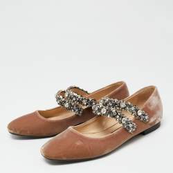 Pre Owned Nº21 Brown Velvet Crystal Embellished Ballet Flats Size 39.5