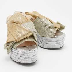 N21 Silver/Gold Glitter Fabric Raso Knot Espadrille Platform Wedge Sandals Size 35.5