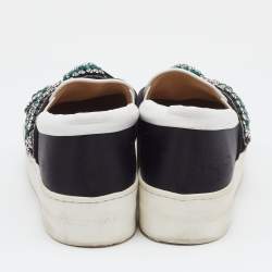 N21 Black/White Satin And Leather Crystal Embellished Platform Slip On Sneakers Size 37