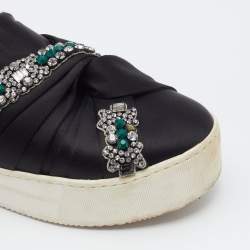 N21 Black/White Satin And Leather Crystal Embellished Platform Slip On Sneakers Size 37