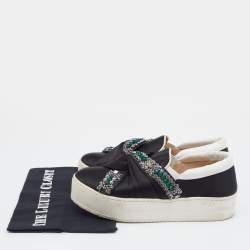 N21 Black/White Satin And Leather Crystal Embellished Platform Slip On Sneakers Size 37