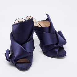 Pre Owned Nº21 Navy Blue Satin Raso Knot Peep Toe Mules Size 38