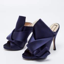 Pre Owned Nº21 Navy Blue Satin Raso Knot Peep Toe Mules Size 38