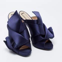 Pre Owned Nº21 Navy Blue Satin Raso Knot Peep Toe Mules Size 38 