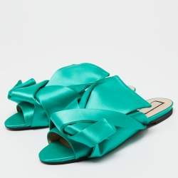 Pre Owned Nº21 Green Satin Knot Flat Mules Size 39