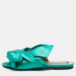 Pre Owned Nº21 Green Satin Knot Flat Mules Size 39