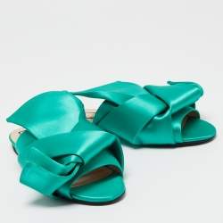 Pre Owned Nº21 Green Satin Knot Flat Mules Size 39