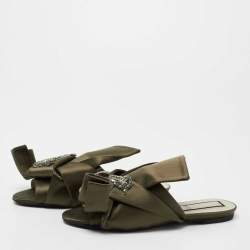 Nº21 Olive Green Satin Embellished  Raso Knot Flat Slides Size 38