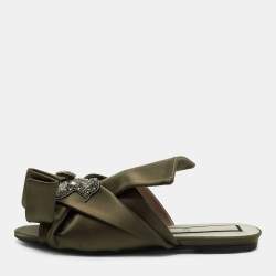 Nº21 Olive Green Satin Embellished  Raso Knot Flat Slides Size 38