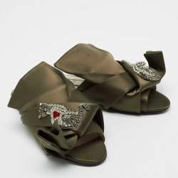 Nº21 Olive Green Satin Embellished  Raso Knot Flat Slides Size 38
