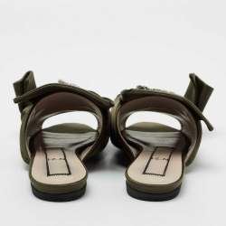 Nº21 Olive Green Satin Embellished  Raso Knot Flat Slides Size 38