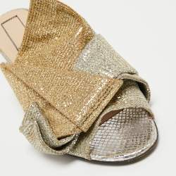 Pre Owned Nº21 Metallic Silver/Gold Glitter Knot Open Toe Mules Size 38.5