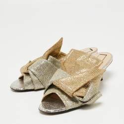 Pre Owned Nº21 Metallic Silver/Gold Glitter Knot Open Toe Mules Size 38.5