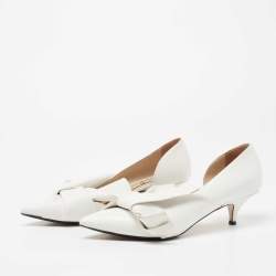 Nº21 White Leather Knot Pointed Toe Kitten Pumps Size 38.5 