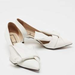Nº21 White Leather Knot Pointed Toe Kitten Pumps Size 38.5 