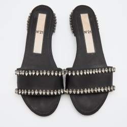 Nº21 Black Satin Crystal Embellished Flat Slides Size 38