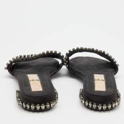 Nº21 Black Satin Crystal Embellished Flat Slides Size 38