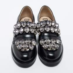Pre Owned N21 Black Leather Crystal Embellished Loafers Size 37.5