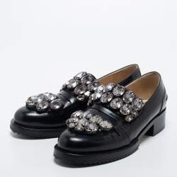 Pre Owned N21 Black Leather Crystal Embellished Loafers Size 37.5