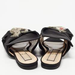 Nº21 Black Knotted Satin Crystal Embellished Flat Slides Size 39