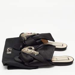 Nº21 Black Knotted Satin Crystal Embellished Flat Slides Size 39