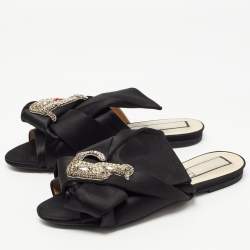Nº21 Black Knotted Satin Crystal Embellished Flat Slides Size 39