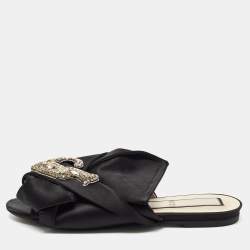 Nº21 Black Knotted Satin Crystal Embellished Flat Slides Size 39