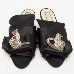 Nº21 Black Knotted Satin Crystal Embellished Flat Slides Size 39