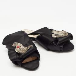 Nº21 Black Knotted Satin Crystal Embellished Flat Slides Size 39