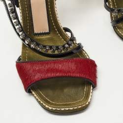 Pre Owned N21 Red/Black Leather and Calf Hair Crystal Studded Ankle Strap Sandals Size 36