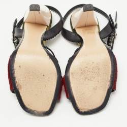 Pre Owned N21 Red/Black Leather and Calf Hair Crystal Studded Ankle Strap Sandals Size 36