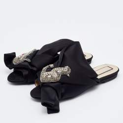 Nº21 Black Satin Knot Embellished Flat Sandals Size 37