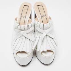 Pre Owned N21 White Leather Fringed Platform Mules Size 38