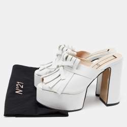 Pre Owned N21 White Leather Fringed Platform Mules Size 38