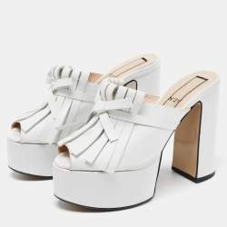 Pre Owned N21 White Leather Fringed Platform Mules Size 38